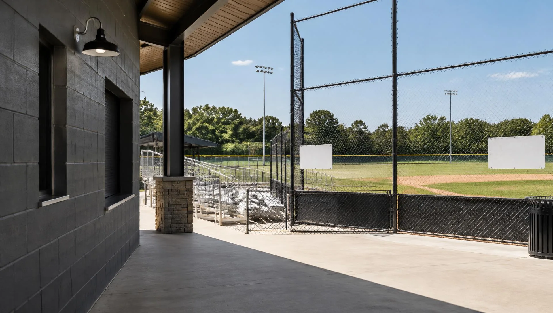 Illustrative community ballfield with blank sponsorship panels along its fence